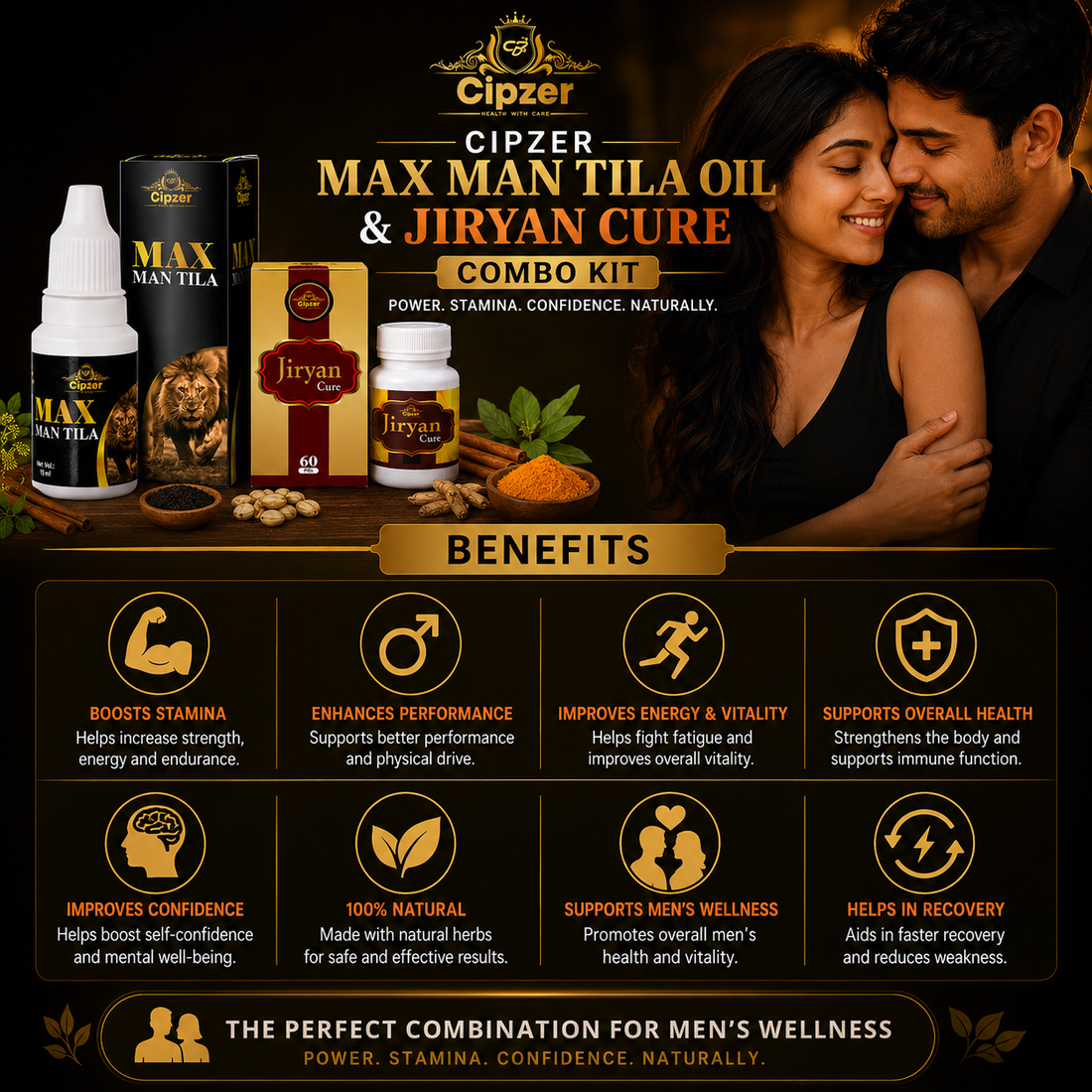 Cipzer Max Man Tila Oil & Jiryan Cure Combo Kit | Supports Male Vitality, Stamina & Overall Wellness | (15 ml) + (60 Pills)