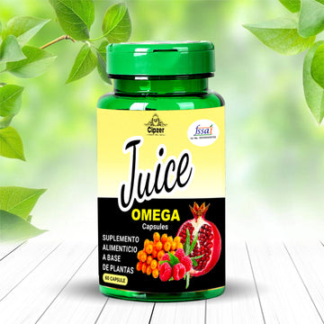 Cipzer Juice Omega capsules bottle with fruits on label, Ayurvedic supplement on leafy background