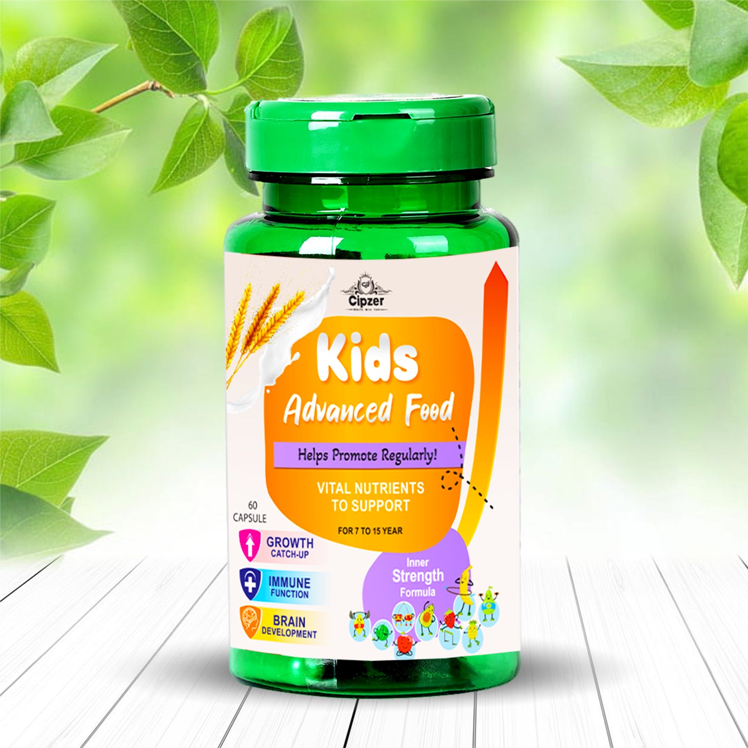 Cipzer Kids Advanced Food capsules bottle for children's growth and wellness on leafy background