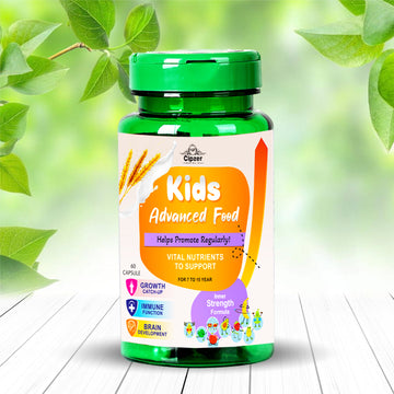 Cipzer Kids Advanced Food capsules bottle for children's growth and wellness on leafy background
