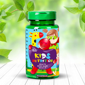 Cipzer Kids Nutrition capsules bottle with colorful cartoon design and green leaves background