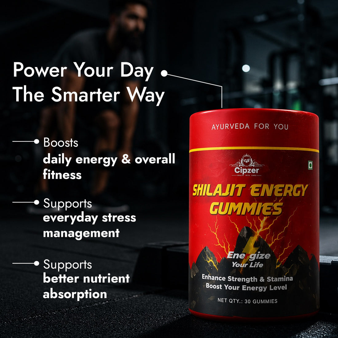 Cipzer Shilajit Energy Gummies | Natural Daily Energy Booster | Stamina, Strength & Vitality Support Gummies for Men & Women